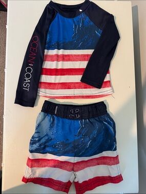 Ocean & Coast Baby American Boys Navy Blue Red Striped Rash Guard Set 24M